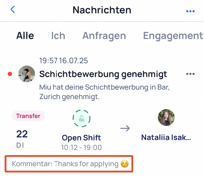 Schichtbewerbung mit Kommentar